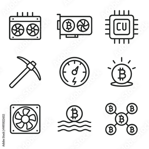 Cryptocurrency mining linear icons set. blockchain, digital currency symbols