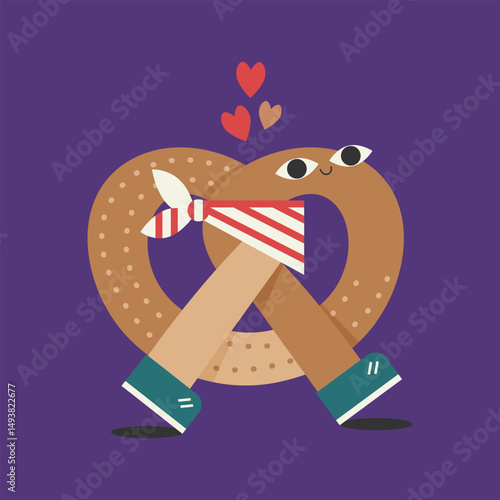 A freshly baked pretzel is a wonderful character who went for a walk. Funny vector illustration, on a white background. A cute pretzel character with eyes, feet in boots and a smile