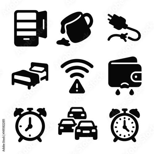 Home and lifestyle silhouette icons set. essentials and daily life symbols