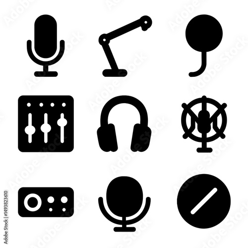 Podcast and music silhouette icons set. broadcasting and audio design elements