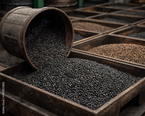 Plastic Pellets Pouring from Rustic Bucket
