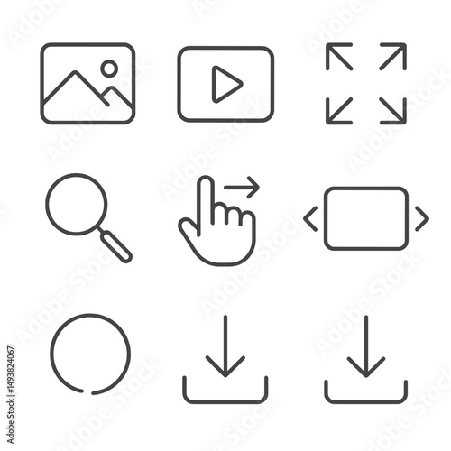 Media control linear icons set. navigation and download buttons for web use
