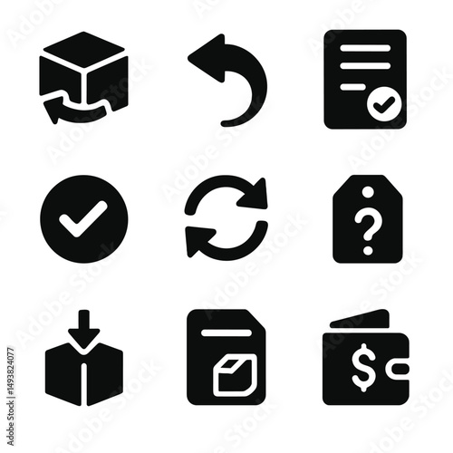 Business process silhouette icons set. workflow and management symbols