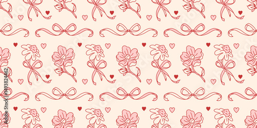 Wide horizontal seamless background with vintage hand-drawn bows, flowers, and leaves in pastel pale pink tones. Retro romantic and elegant backdrop for wrapping paper, wallpaper
