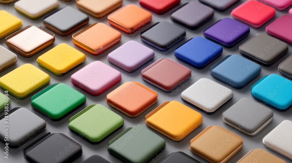 Vibrant collection of square color swatches displayed on a surface for design choices. Vibrant collection of square color swatches displayed on a surface for design choices.