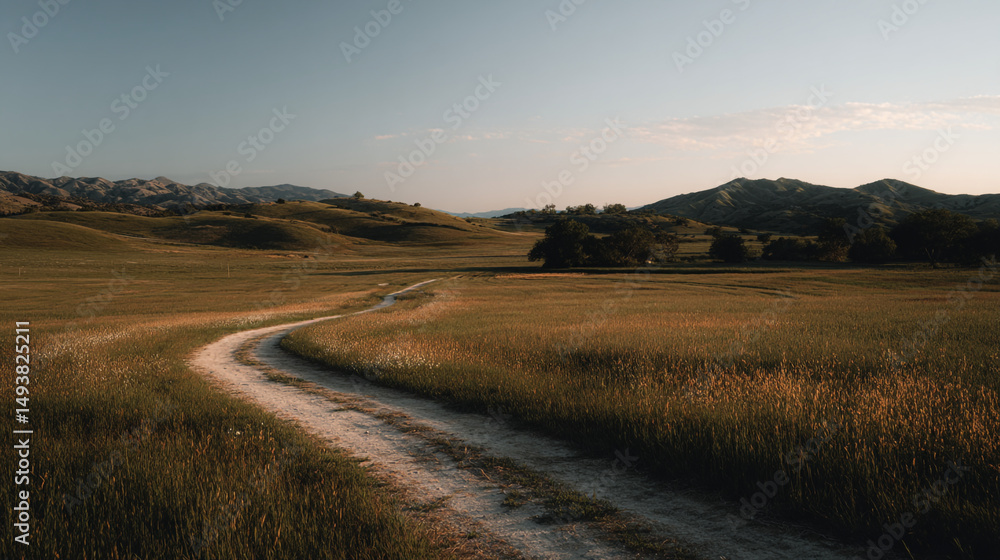 Fototapeta premium Scenic winding path through grassy hills at sunset in a tranquil landscape