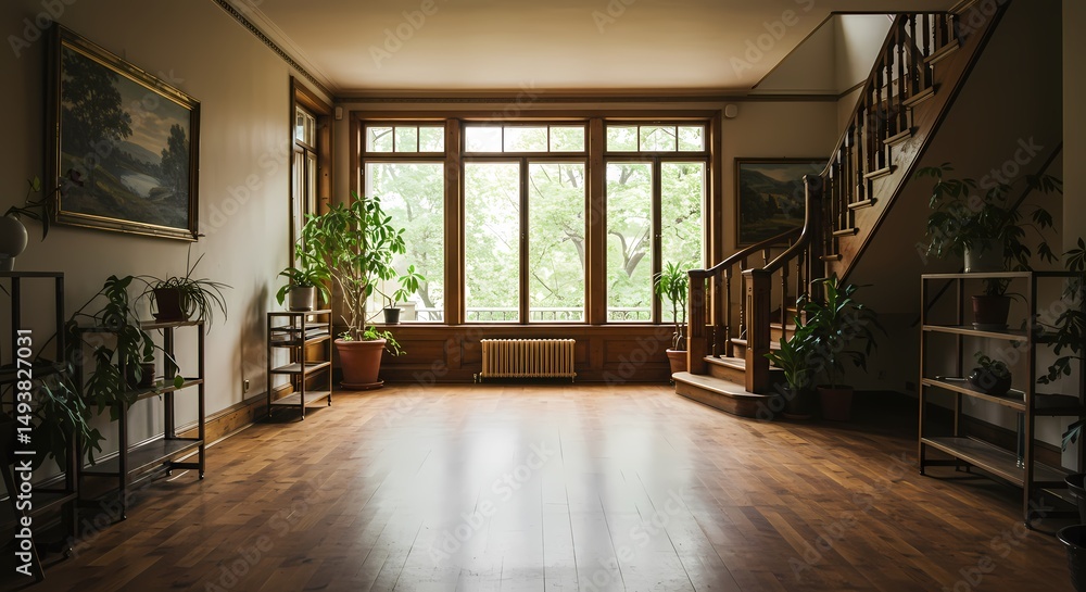 Obraz premium Empty modern office interior boasts new parquet floors, large windows offering an open view, and a spacious design within the building's architecture