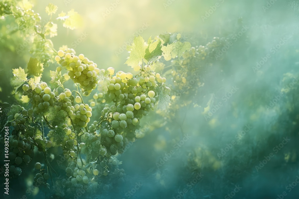 Fototapeta premium Sunlit green grapes hang heavy on a vine, glistening with morning dew, a picturesque vineyard scene.