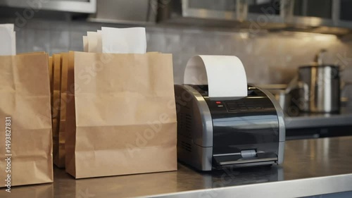 Brown paper bags and receipt printer