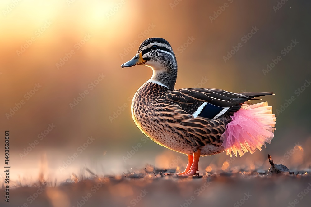 Fototapeta premium Duck with pink tutu at sunset