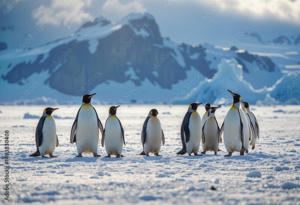 Fototapeta premium Emperor penguins standing in line on icy landscape with mountains in background
