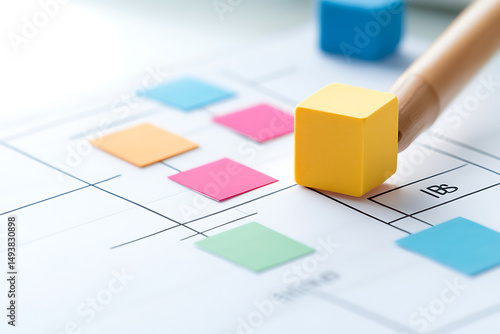 Planning with colorful sticky notes and building blocks on a grid. Concept: collaborative brainstorming, project management, process mapping, strategy development.
