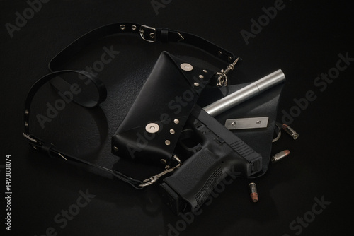 Women's Handbag Purse on Table Surface with Gun Fire Arm Ammo Bullets Make-up Mascara Self Defense Secret Agent, Film Noir