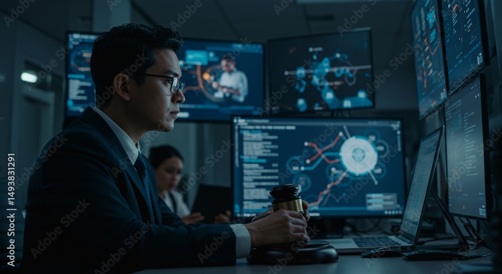 Asian analyst monitors data hammers gavel in office data visual decision Asian analyst monitors data hammers gavel in office data visual decision