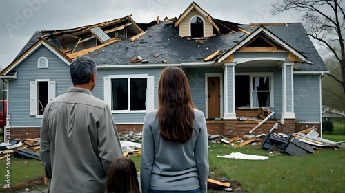 Family Looking at Storm Damaged House with Collapsed Roof and Broken Windows in Residential Area