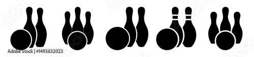 Bowling ball and pins silhouette icons-Collection of black silhouette icons showing bowling balls and pins, flat vector illustrations representing the sport of bowling and recreational activities.