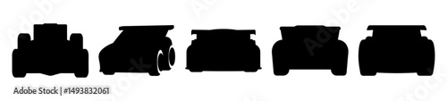 Race car silhouette icons-Set of black silhouette icons of race cars, flat vector illustrations depicting different angles and styles of motorsport vehicles used in racing competitions.