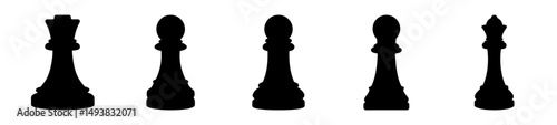 Chess piece silhouette icons-Set of black silhouette icons of chess pieces, including pawn, king, and queen, flat vector illustrations representing strategy board game elements.