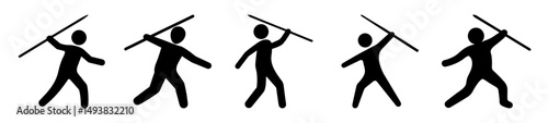 Javelin throw athlete icons in silhouette style-Collection of black silhouette icons showing athletes preparing to throw a javelin, symbolizing track and field sports and competition.