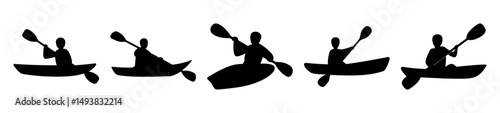 Kayak and canoe paddling icons in silhouette-Set of black silhouette icons showing people kayaking or canoeing with paddles, symbolizing water sports, adventure, and outdoor recreation.
