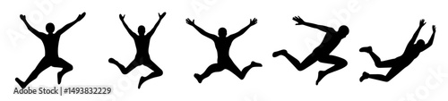 Jumping people icons in black silhouette style-Collection of black silhouette icons showing people jumping with raised arms, symbolizing joy, freedom, celebration, and energetic movement.