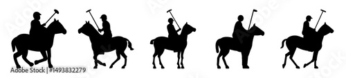 Polo players on horses silhouette icons set-Collection of black silhouette icons showing polo players riding horses with mallets, symbolizing equestrian sport, competition, and teamwork.