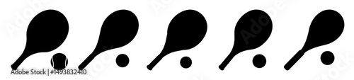 Table tennis paddles and balls icons set-Collection of black silhouette icons showing table tennis paddles with balls, representing ping pong sport equipment in simple design.