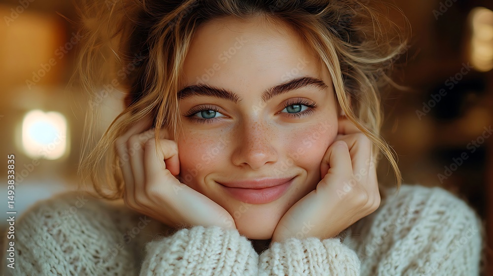 Radiant Smile: A close-up captures a beautiful person with radiant, clear skin and a warm, inviting smile, exuding joy and inner peace. Radiant Smile: A close-up captures a beautiful person with radiant, clear skin and a warm, inviting smile, exuding joy and inner peace.