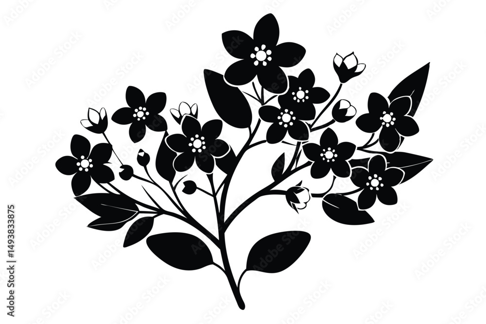 Fototapeta premium Silhouette of Blossoming Dogwood Branch with Flowers and Buds in Black Ink Style
