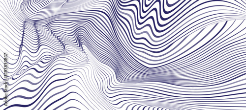 Wavy optical line art background in dark blue and white. Abstract wavy optical illusion lines create 3D depth effect. Wave stripes vector illustration.