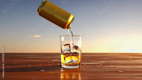 Golden can pouring beverage into glass