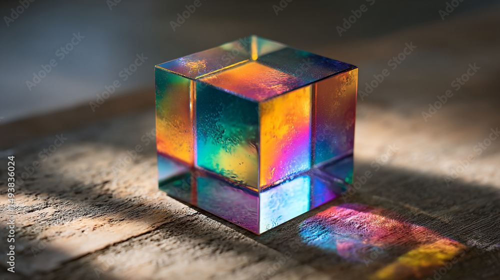 Fototapeta premium Colorful glass cube reflecting light on wooden surface in afternoon glow