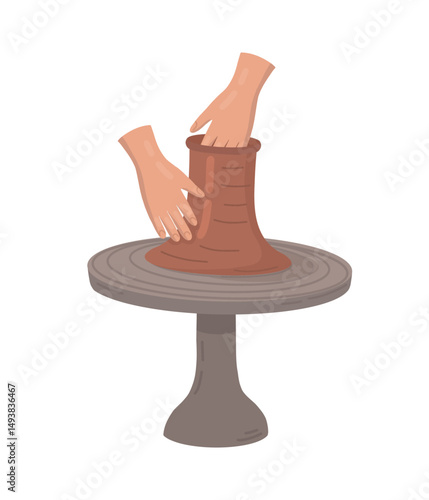 Potter makes a clay pot on a potter is wheel, vector illustration.Manual production of a pot from clay material on a potter is wheel. Cartoon-style illustration for hobby pottery craft. Vector
