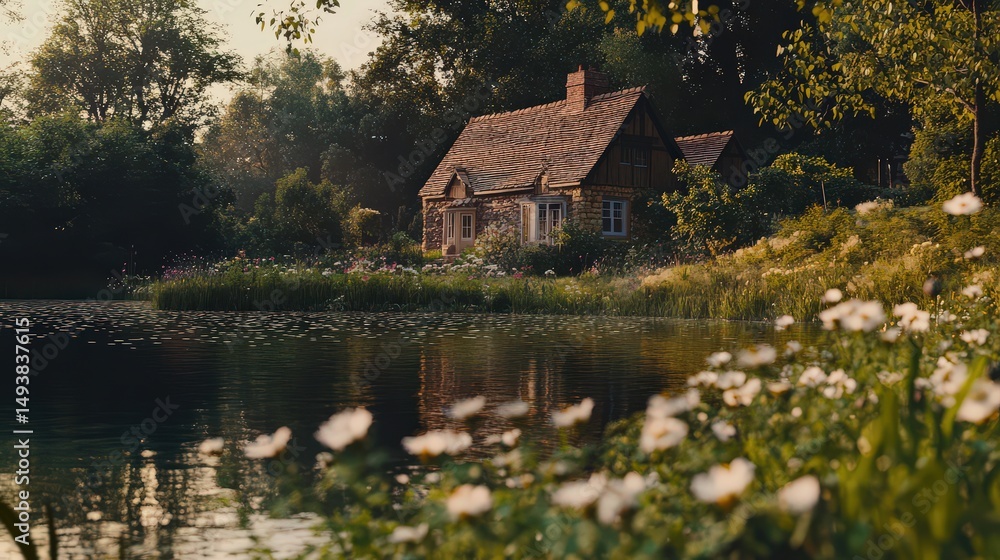 Fototapeta premium Tranquil Cottage by the Lake Surrounded by Lush Greenery and Colorful Flowers in the Soft Light of Sunset