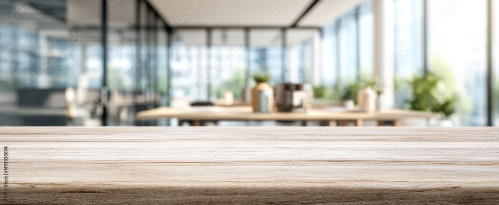 The Wooden Table in a Bright Modern Office Space with Glass Walls The Wooden Table in a Bright Modern Office Space with Glass Walls