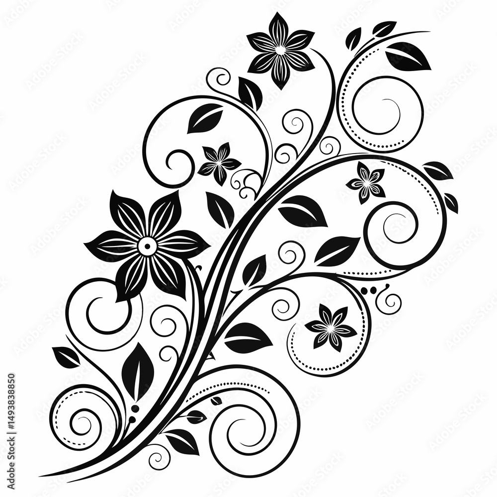 Elegant Swirl Flower Design with Black Floral Elements - Intricate Decorative Vector Art