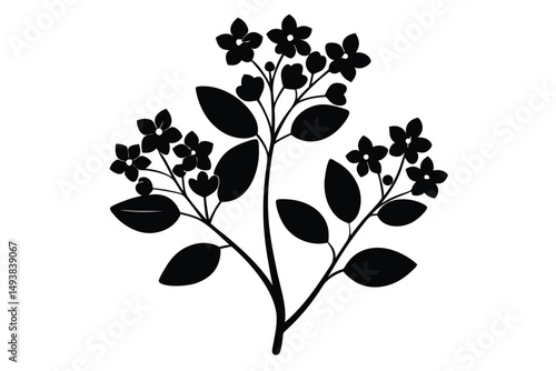 Black Silhouette of a Flowering Plant with Leaves and Buds Vector Illustration