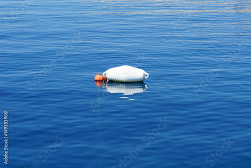 A white plastic buoy for tying boats floats in the sea