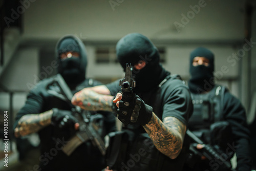 A group of fierce armed operatives displays their readiness and tactical precision, holding weapons firmly in a tense situation, embodying strength, focus, and unwavering determination in the face