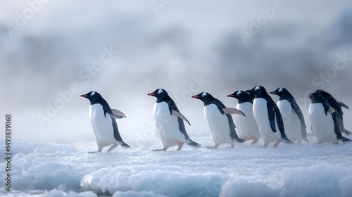 Gentoo penguins march across an icy terrain, showcasing the beauty of antarctic wildlife in their habitat.