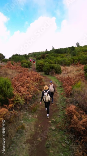 Cinematic footage of two hikers trekking a fog-covered hiking trail on the scenic Madeira Island