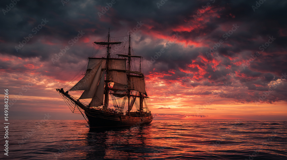 Obraz premium Historic sailing ship navigates calm waters during vibrant sunset over the horizon