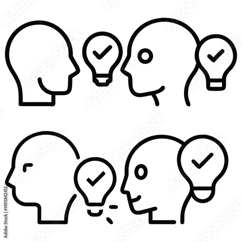 A bright vector set of funny cartoon faces and heads sparks idea and inspiration like a lightbulb icon