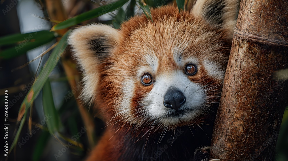 Fototapeta premium A captivating close-up portrait of a red panda peeking through a tree in its natural habitat.