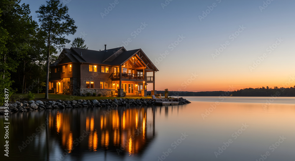 Luxurious Waterfront Home Reflected At Dusk In A Serene Lake Luxurious Waterfront Home Reflected At Dusk In A Serene Lake
