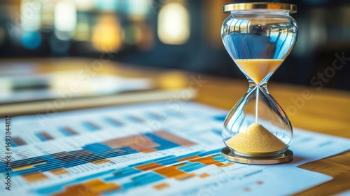 Hourglass on financial reports; time management, deadline, business concept.