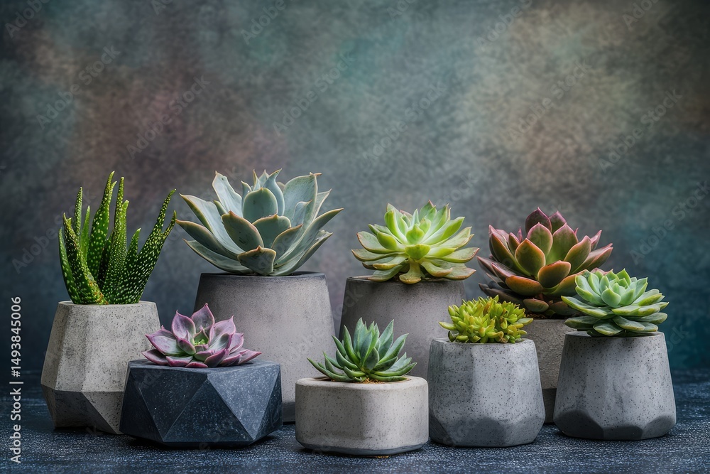A collection of succulents in geometric concrete pots, showcasing various textures and colors. A collection of succulents in geometric concrete pots, showcasing various textures and colors.
