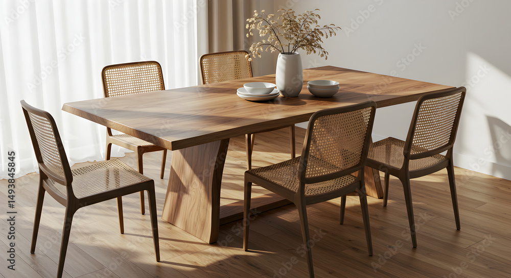 Elegant Dining Room With Wooden Table And Contemporary Cane Chairs Elegant Dining Room With Wooden Table And Contemporary Cane Chairs