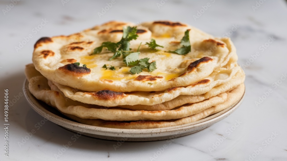 Homemade Indian naan, neatly arranged on a ceramic plate. Naan turns out to be soft and fluffy, with a golden brown surface, lightly browned and lightly greased with melted butter. Homemade Indian naan, neatly arranged on a ceramic plate. Naan turns out to be soft and fluffy, with a golden brown surface, lightly browned and lightly greased with melted butter.