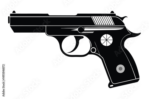 Sleek Black Silhouette of a Modern Handgun with Detailed Features and Design